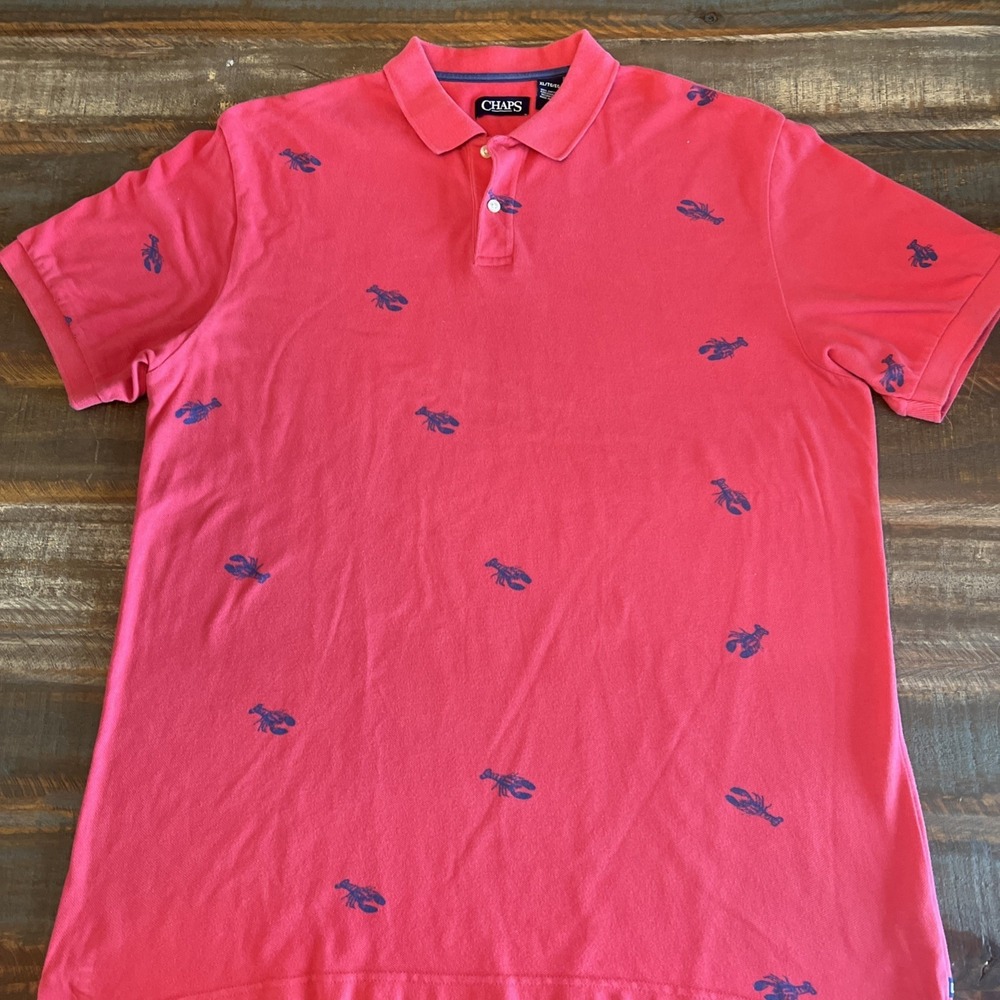 Chaps Redberry and Blue Lobster Print Short Sleeve Mens Cotton Polo Shirt XLarge